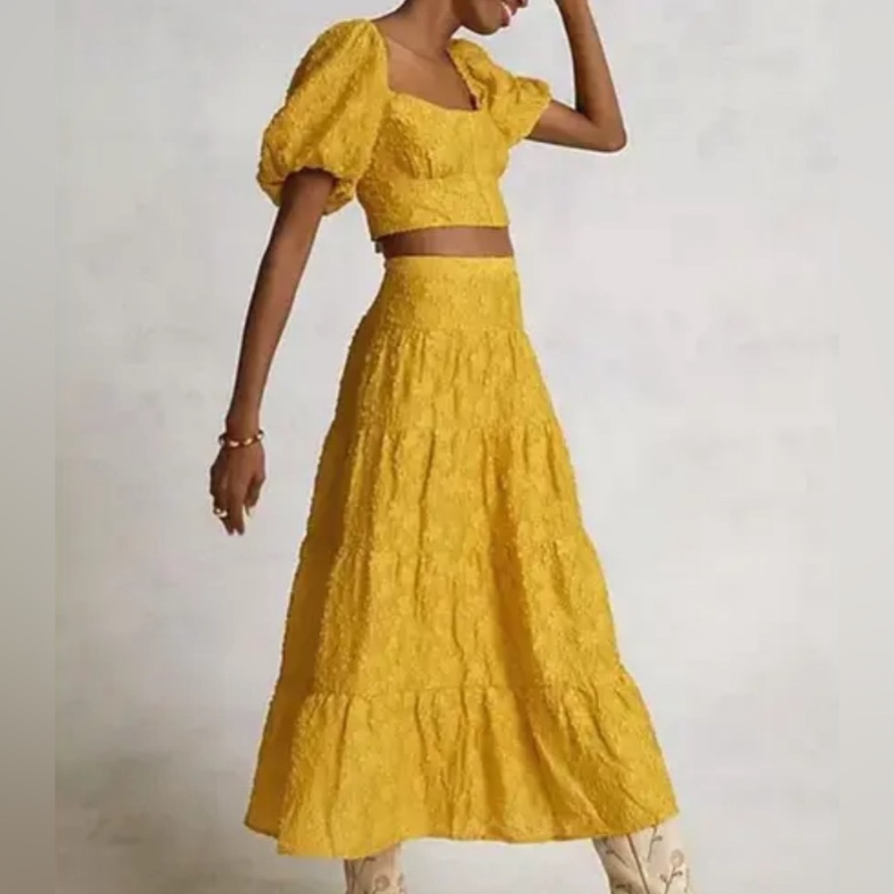 Anthropologie 2 piece midi skirt set with bustier statement sleeve top